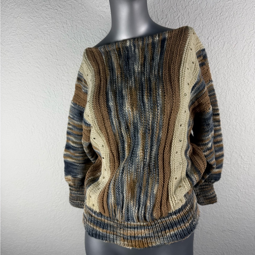 Cozy Earth-Tone Striped Sweater 80’s original with metal gromets added for flair